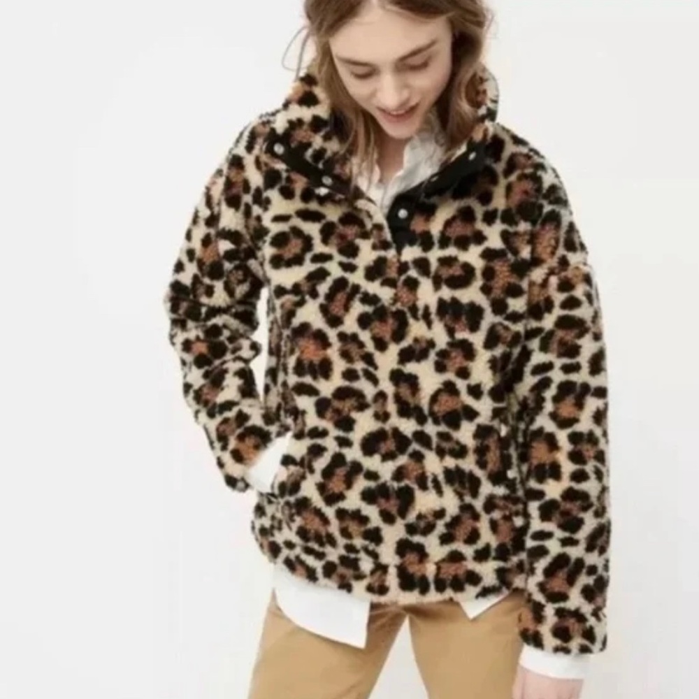 J.Crew Vintage Women’s Fleece Leopard Print 5 Button Pullover